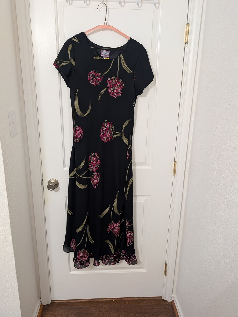 Vintage Premier International Black Pink Floral Maxi Dress Size 10 Y2K